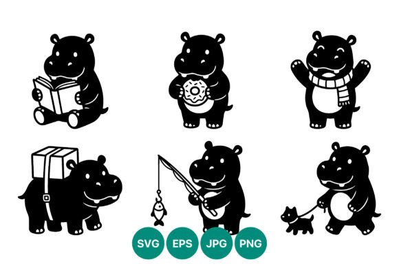Black and White Cute Hippos in Fun