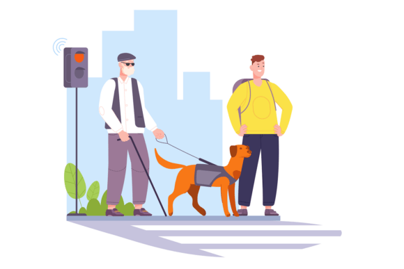 Blind Man in City. Senior Cross Road Wit