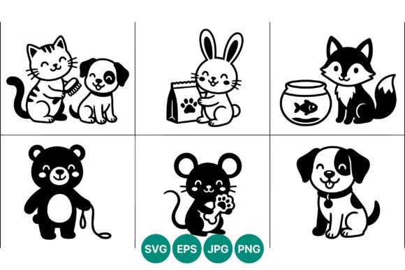 Cartoon Black White Cute Animals Vector