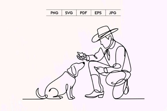 Cowboy Feeding Dog Line Art
