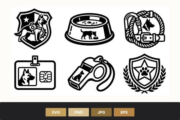 Dog Police Badge Collar Whistle Icon Set