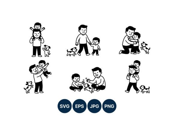Father and Son Playing with Dog Line Art