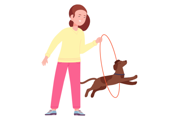 Puppy Jump Through Hoop. Kid Train Dog