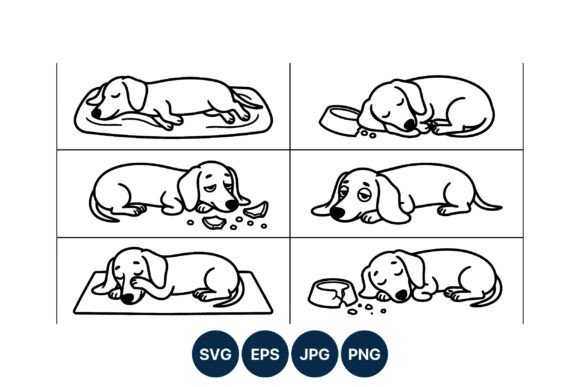 Sleeping and Sad Dachshund Dog Line Art